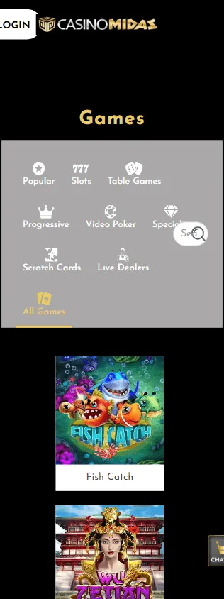 Casino Midas games area on a mobile device