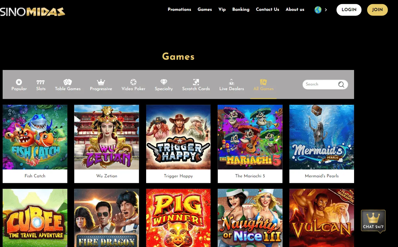 Casino Midas games area on a desktop device