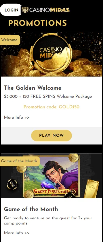 Casino Midas promotions area on a mobile device
