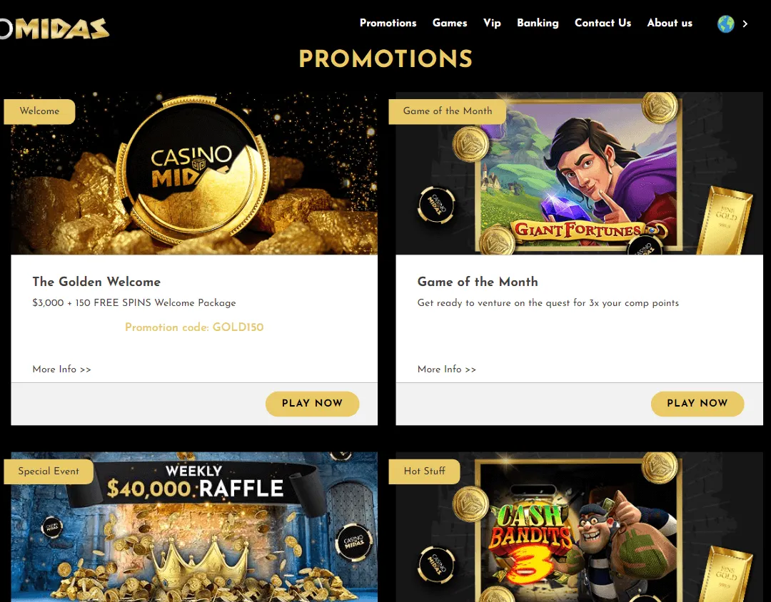 Casino Midas promotions area on a desktop device
